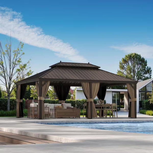 14x20 Hardtop Gazebo with Steel Roof, Netting & Curtains