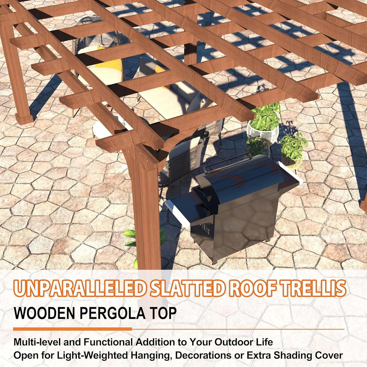 10' X 12' Patio Pergola, Cedar Wood Pergolas with Solid Structure, Pergola Kits, Outdoor Pergolas and Gazebos with Slatted Trellis Roof for Deck Backyard Grill Party Garden — product view 5