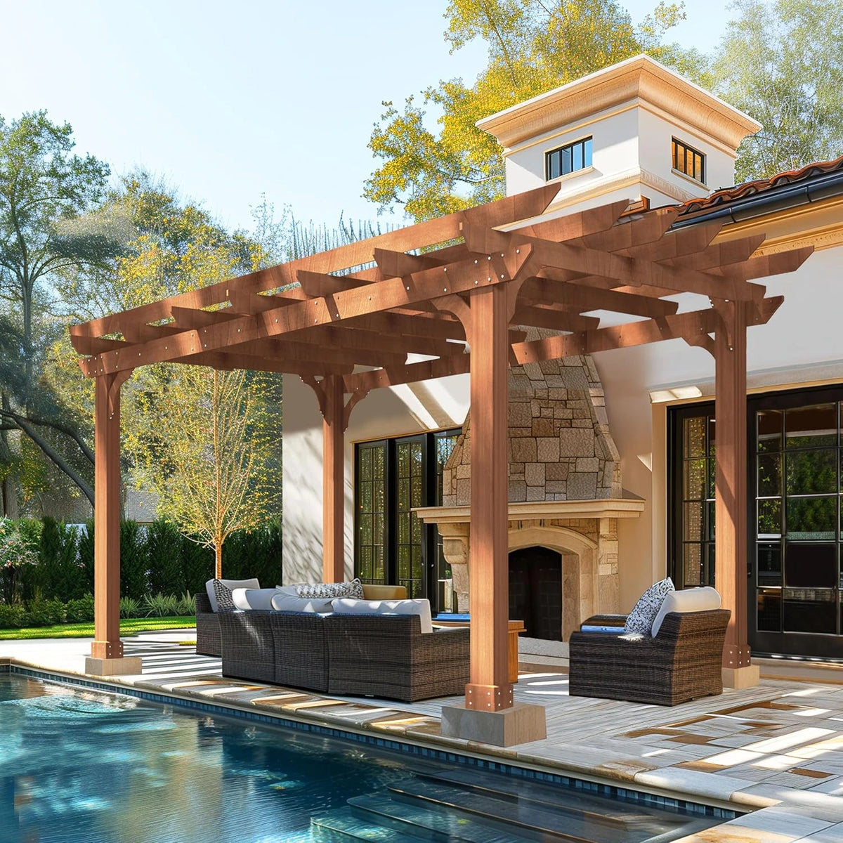 10' X 12' Patio Pergola, Cedar Wood Pergolas with Solid Structure, Pergola Kits, Outdoor Pergolas and Gazebos with Slatted Trellis Roof for Deck Backyard Grill Party Garden — product view 7