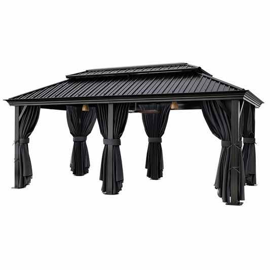 12×20 Hardtop Gazebo with Metal Roof, Heavy Duty Galvanized Steel Gazebo with Reinforced Aluminum Frame, Flame-Resistant Curtain