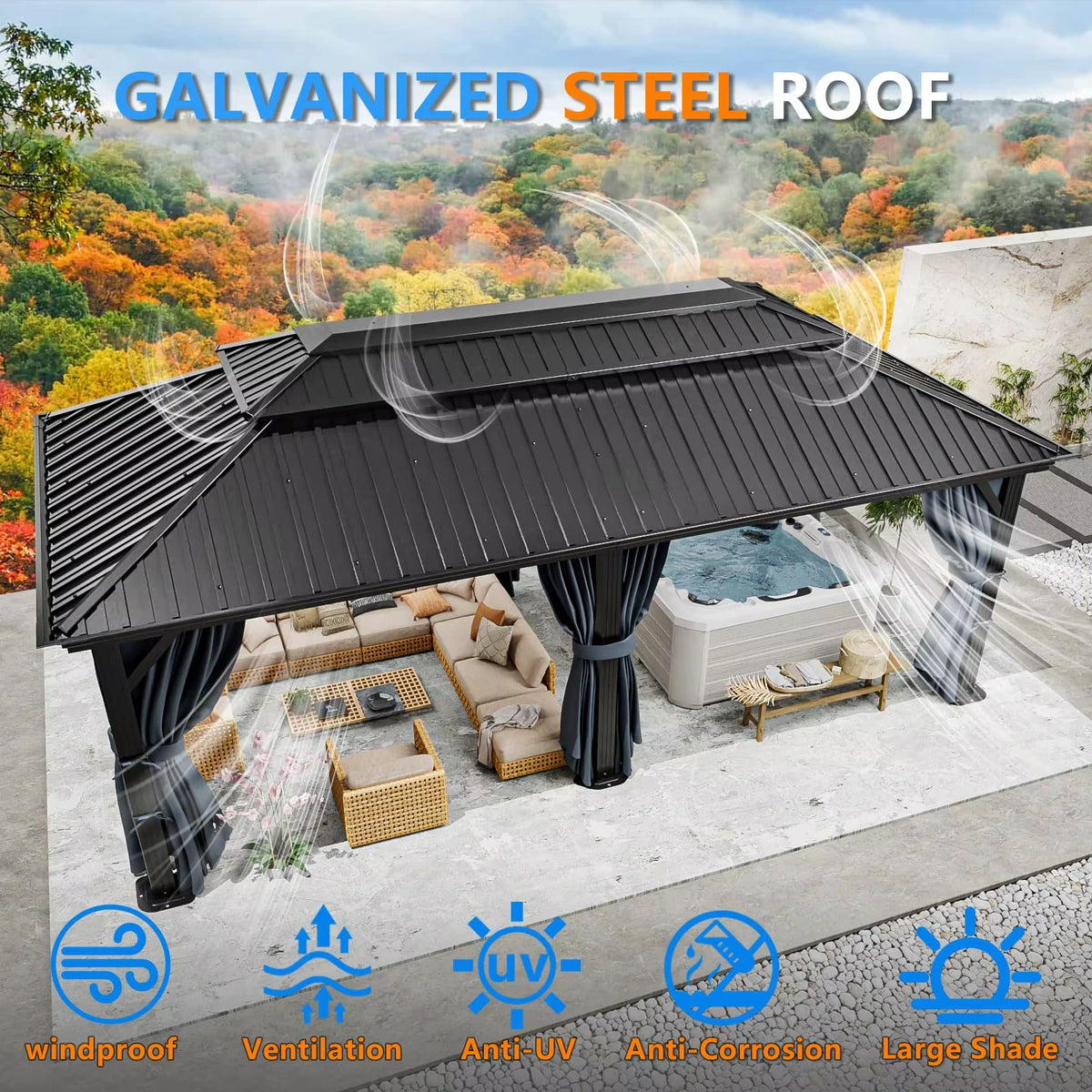12×20 Hardtop Gazebo with Metal Roof, Heavy Duty Galvanized Steel Gazebo with Reinforced Aluminum Frame, Flame-Resistant Curtain — product view 4
