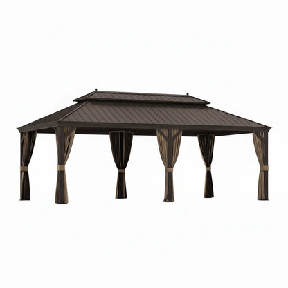 12 Ft. X 22 Ft. Double Galvanized Steel Roof Aluminum Frame Outdoor Patio Hardtop Gazebo with Netting and Curtains