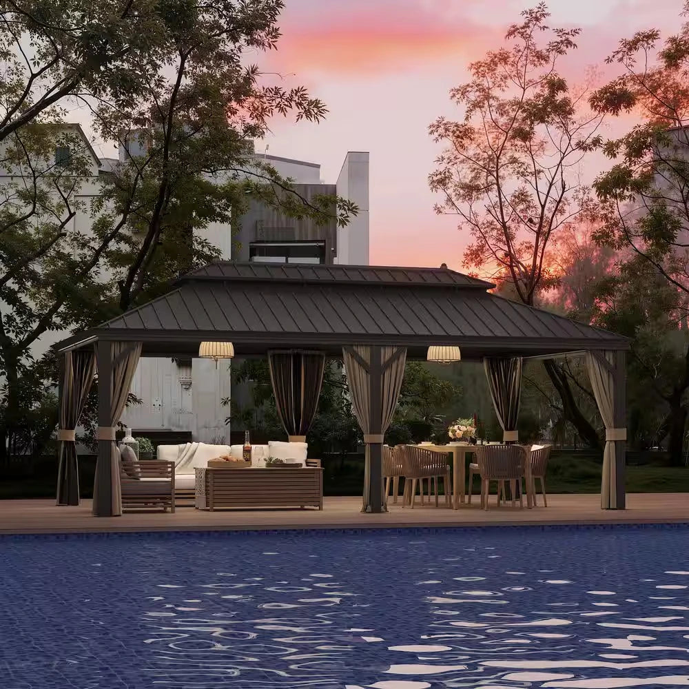 12 Ft. X 22 Ft. Double Galvanized Steel Roof Aluminum Frame Outdoor Patio Hardtop Gazebo with Netting and Curtains — product view 14