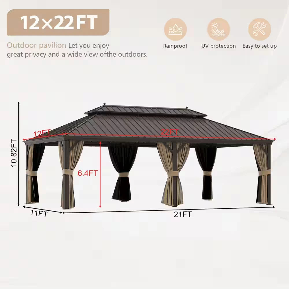 12 Ft. X 22 Ft. Double Galvanized Steel Roof Aluminum Frame Outdoor Patio Hardtop Gazebo with Netting and Curtains — product view 4