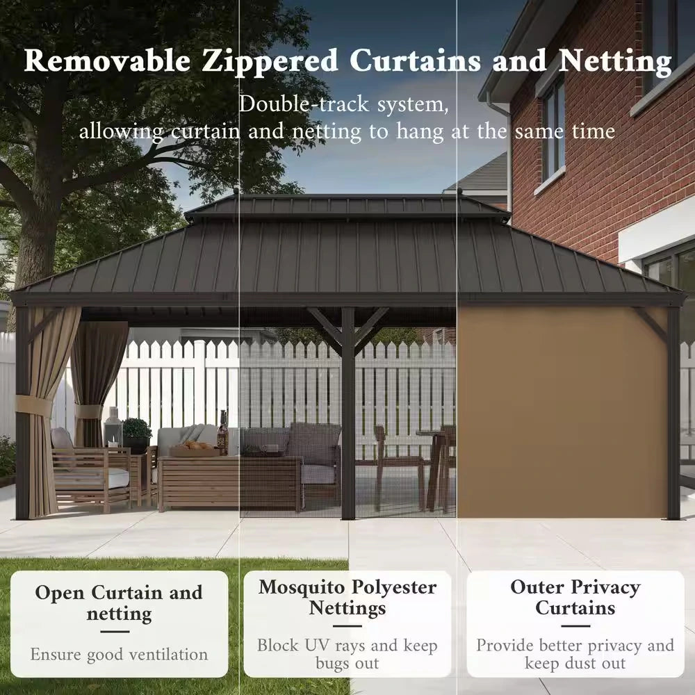 12 Ft. X 22 Ft. Double Galvanized Steel Roof Aluminum Frame Outdoor Patio Hardtop Gazebo with Netting and Curtains — product view 6