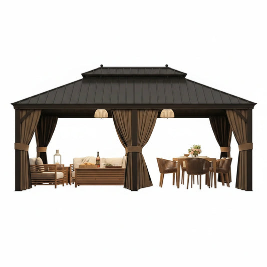 14 Ft. X 20 Ft. Double Galvanized Steel Roof Aluminum Frame Outdoor Patio Hardtop Gazebo with Netting and Curtains