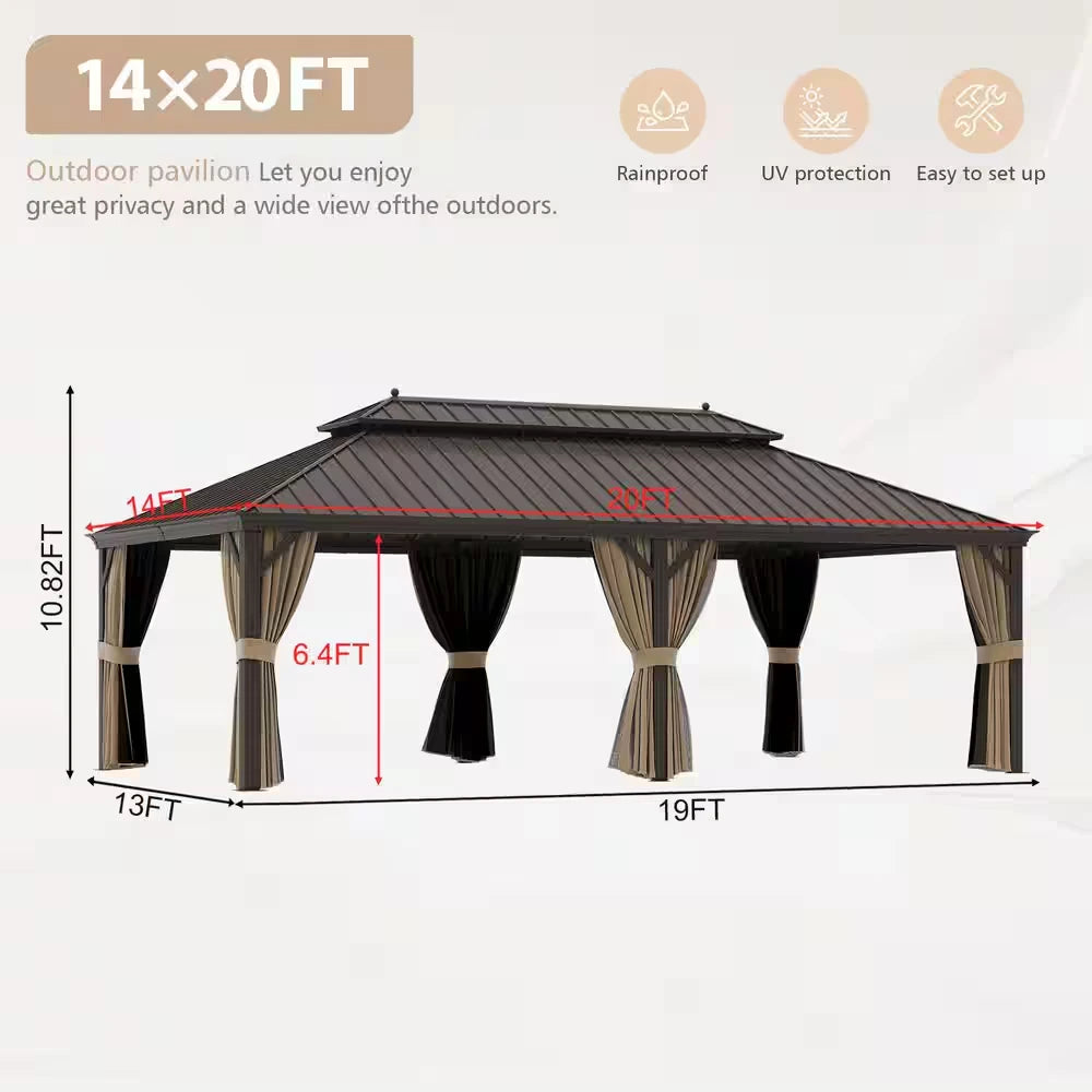 14 Ft. X 20 Ft. Double Galvanized Steel Roof Aluminum Frame Outdoor Patio Hardtop Gazebo with Netting and Curtains — product view 4