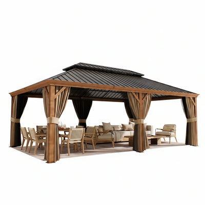 14x22 Hardtop Gazebo with Double Steel Roof, Wood-Look Frame