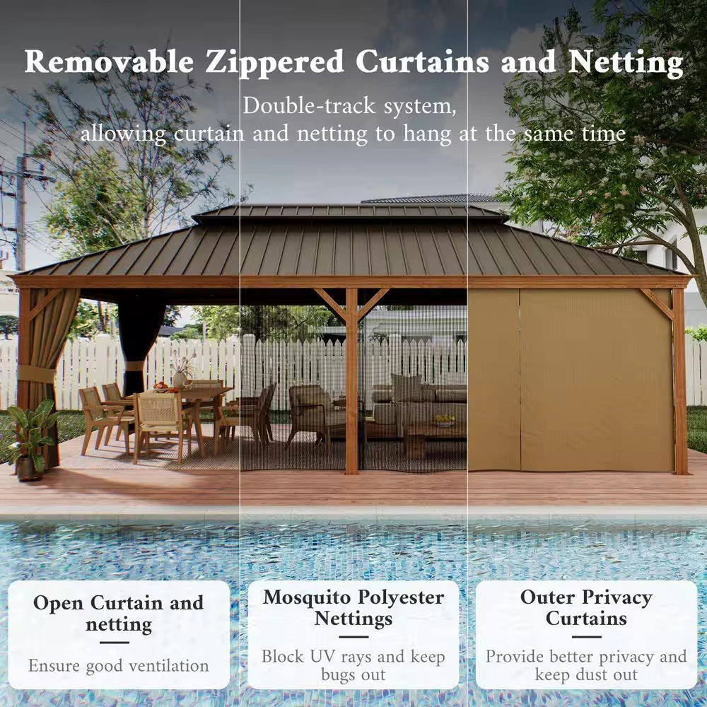 14 Ft. X 22 Ft. Double Galvanized Steel Roof Aluminum Wood-Looking Frame Outdoor Patio Hardtop Gazeb — product view 6