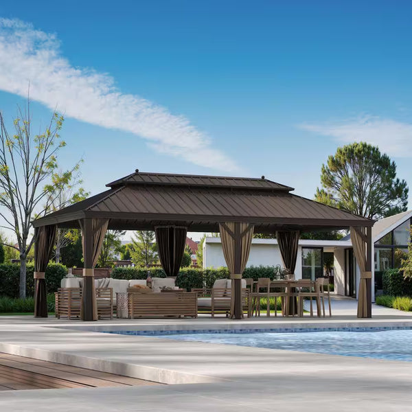 12x22 Hardtop Gazebo with Steel Roof, Netting & Curtains