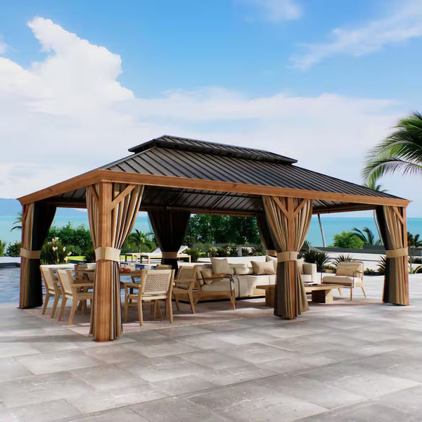 14x22 Hardtop Gazebo with Double Steel Roof, Wood-Look Frame