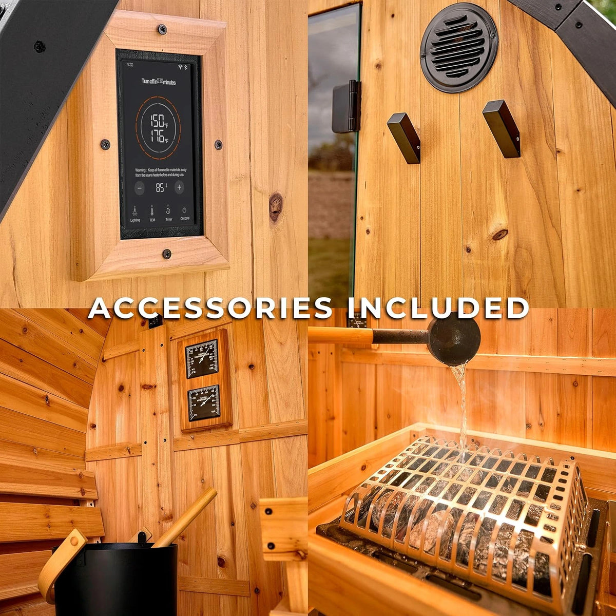 Paxton 4-6 Person Traditional Cedar Outdoor Barrel Sauna with Electric Sauna Heater, Front Porch, Sauna Rocks, Dry Heat, Steam Sauna, LED Lights, Wi-Fi Panel, Sauna Accessories — product view 6